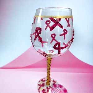 LOLITA - “Pink Ribbon* Hand-painted Gemstone Wine Glass l EUC